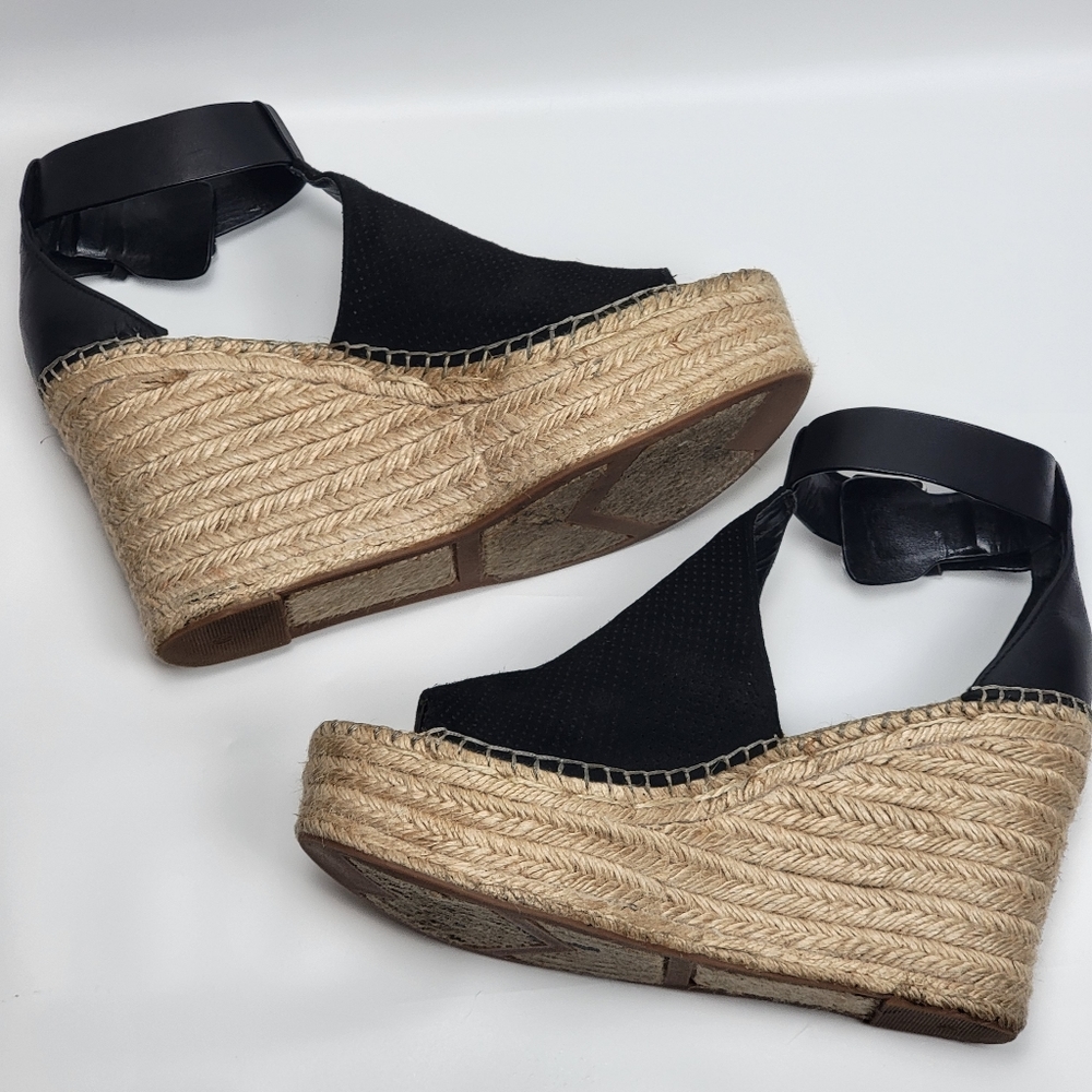 Marc Fisher MLANNIE ESPADRILLE WEDGE SANDAL, Black Leather, EUC, size 8.5 - Picture 6 of 8